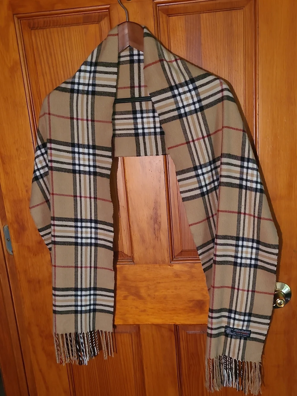 Classic Tan Plaid Scarf with Black, White and Red Stripes Cashmere NWOT Italy
